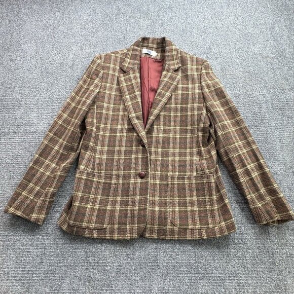 VTG EJE Blazer Jacket Womens 14 Brown Plaid Dark Academia 90s Wool Runs Small - Picture 1 of 16